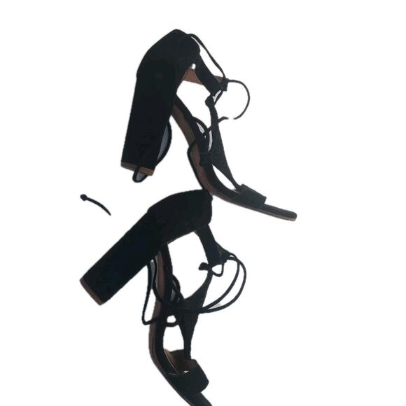 Anthropologie Howsty Mimosa Lasercut Suede Heels39 Black All Leather Wrap Ankle - Picture 10 of 10